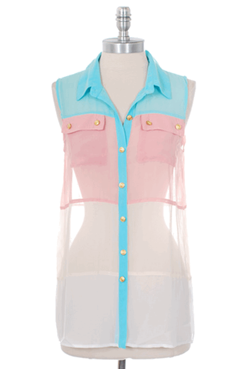 Gold Button Detail Color Block Blouse